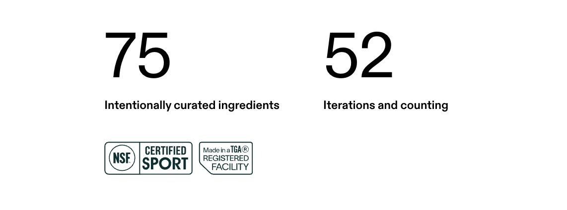 Screenshot showing the brand's claim of containing 75 ingredients and 52 iterations.