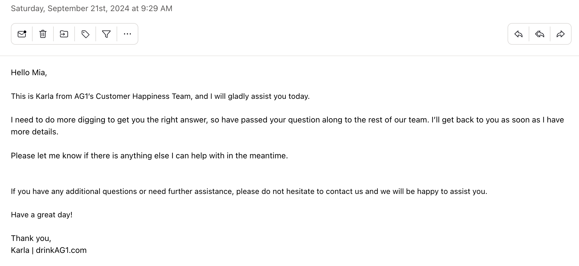 Screenshot of the author's email, which is a company response stating that they will do more digging to find the requested study information.