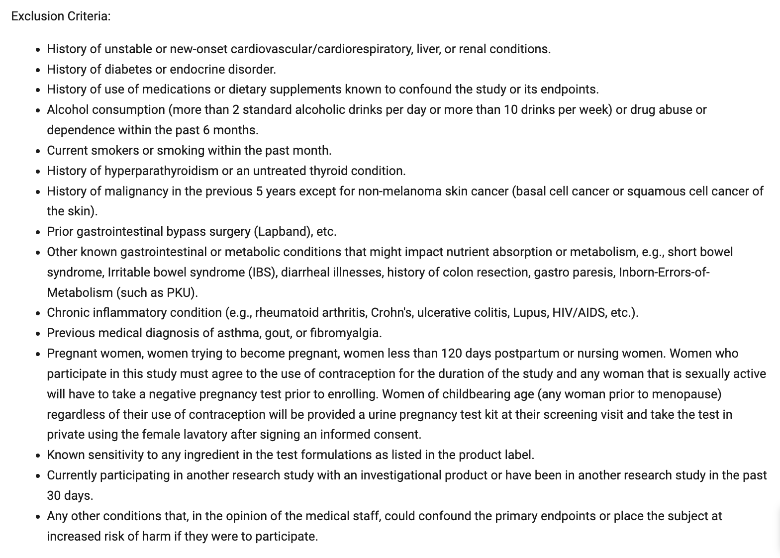 Screenshot of exclusion criteria from the clinical trial website.