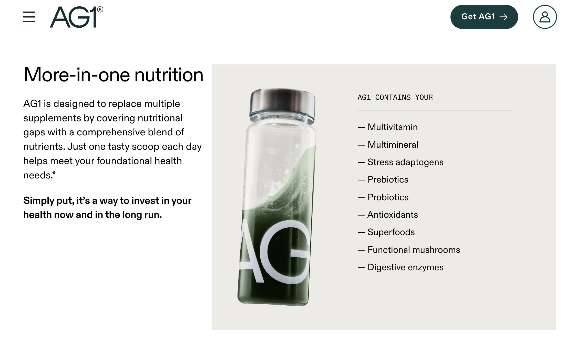 Screenshot of AG1 website describing how it can replace numerous supplements. All text expanded in H2 and H3 sections.