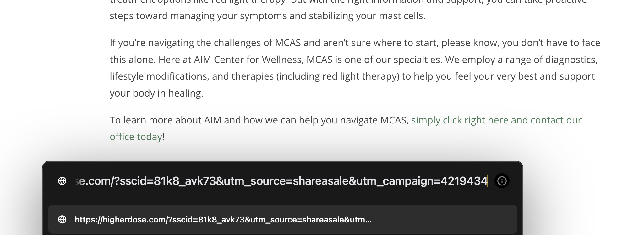 Image of a screenshot showing a URL for the higher dose website and what appears to be an affiliate link.